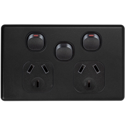Voltex Classic Black Horizontal Double Power Outlet 250V 10A with Extra Switch and Safety Shutters
