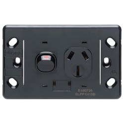 Voltex Shadowline Horizontal Black Single Power Outlet 250V 10A with Safety Shutters