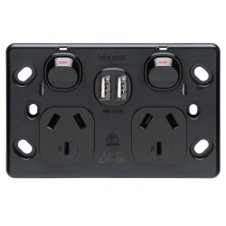 Voltex Shadowline (7.4mm) Black Double Power Outlet 250V~ 10A & 2 x 2.1 A USB Outlets