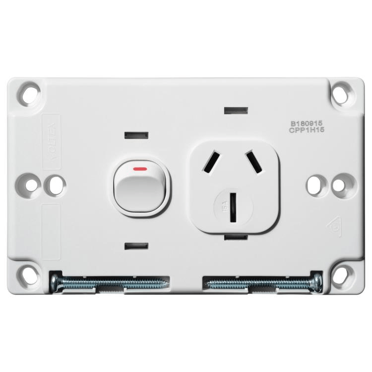 Voltex Classic Horizontal Single Power Outlet 250V 15A with Safety Shutters