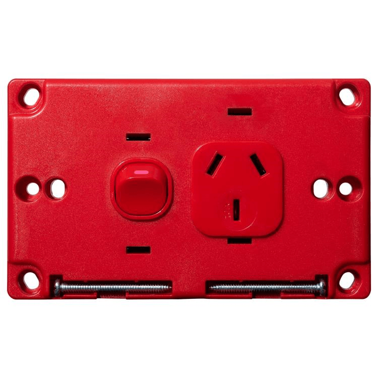 Voltex Classic Red Horizontal Single Power Outlet 250V 10A with Safety Shutters