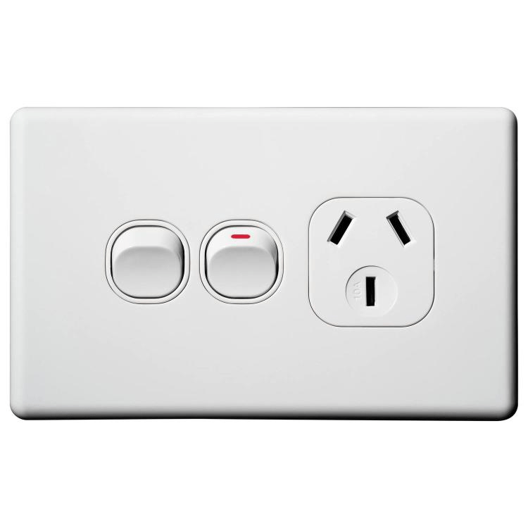 Voltex Classic Horizontal Single  Power Outlet 250V 10A with Extra Switch and Safety Shutters