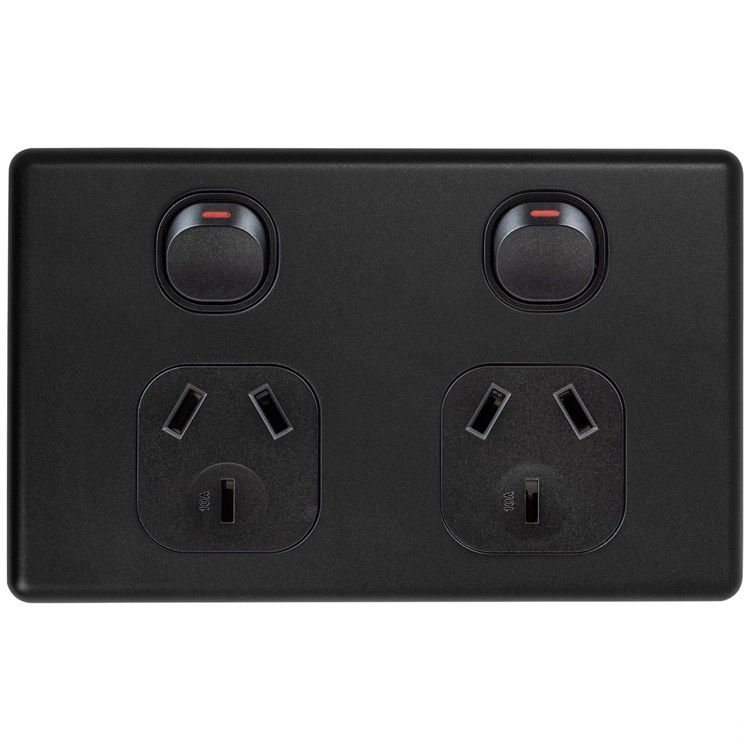 Voltex Classic Black Horizontal Double Power Outlet 250V 10A with Safety Shutters