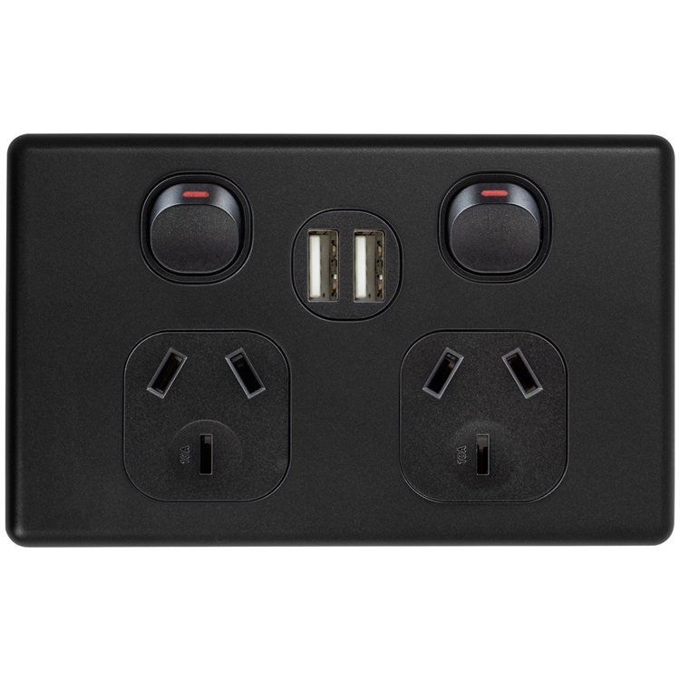 Voltex Classic Black Double Power Outlet 250V~ 10A & 2 x 2.1 A USB Outlets