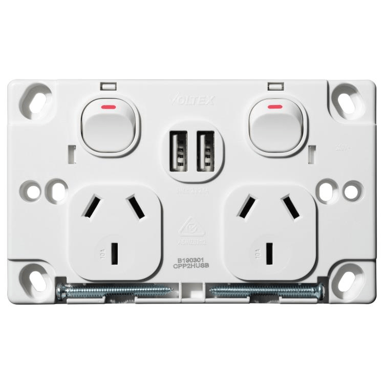 Voltex Classic Double Power Outlet 250V~ 10A & 2 x 2.1 A USB Outlets
