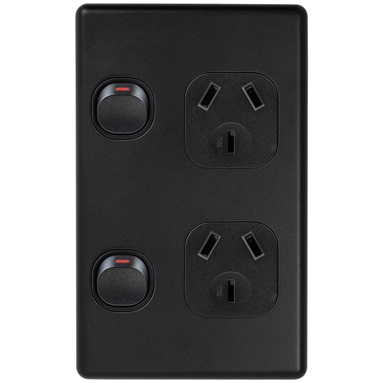 Voltex Classic Black Vertical Double Power Outlet 250V 10A with Safety Shutters