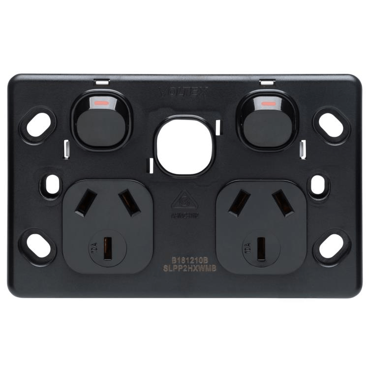 Voltex Shadowline (7.4mm) Black Double Power Outlet with Extra Switch Provision
