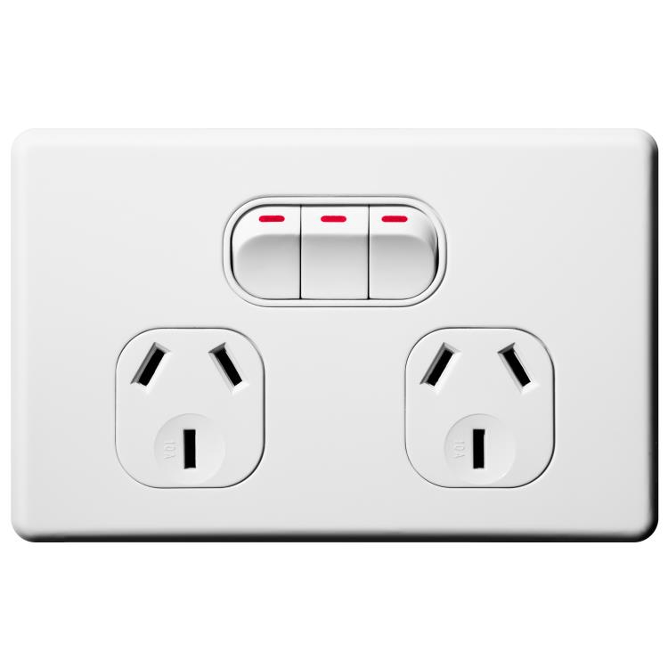 Voltex Shadowline Horizontal Double Power Outlet 250V 10A with Extra Switch and Safety Shutters